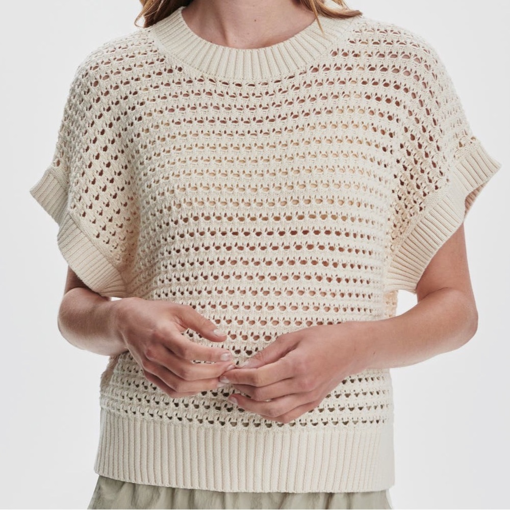 Varley Julianna Open Knit Short Sleeve Sweater in Egret